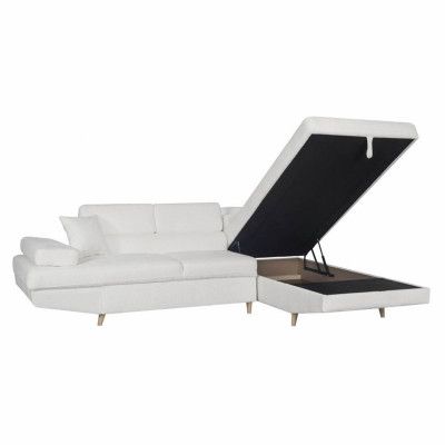 Rio Scandinave prosta rozkładana sofa narożna z tkaniny bouclette z drewnianym pudełkiem na nogi