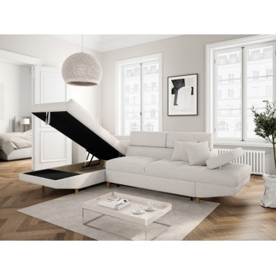 Rio Scandinave lewostronna rozkładana sofa narożna z francuskiej tkaniny frotte z drewnianymi nogami