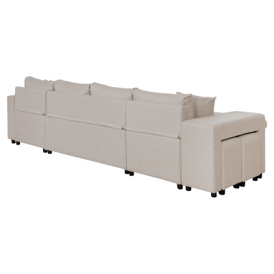 Sofa panoramiczna Maria U Plus, wnęka po lewej stronie, z 2 pudełkami i 2 pufami z tkaniny